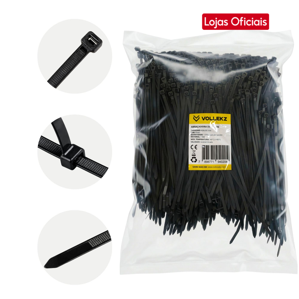 Abraçadeira Nylon Plastica Enforca Gato Preta 4.8x200mm 1000un Vollekz Anti UV A