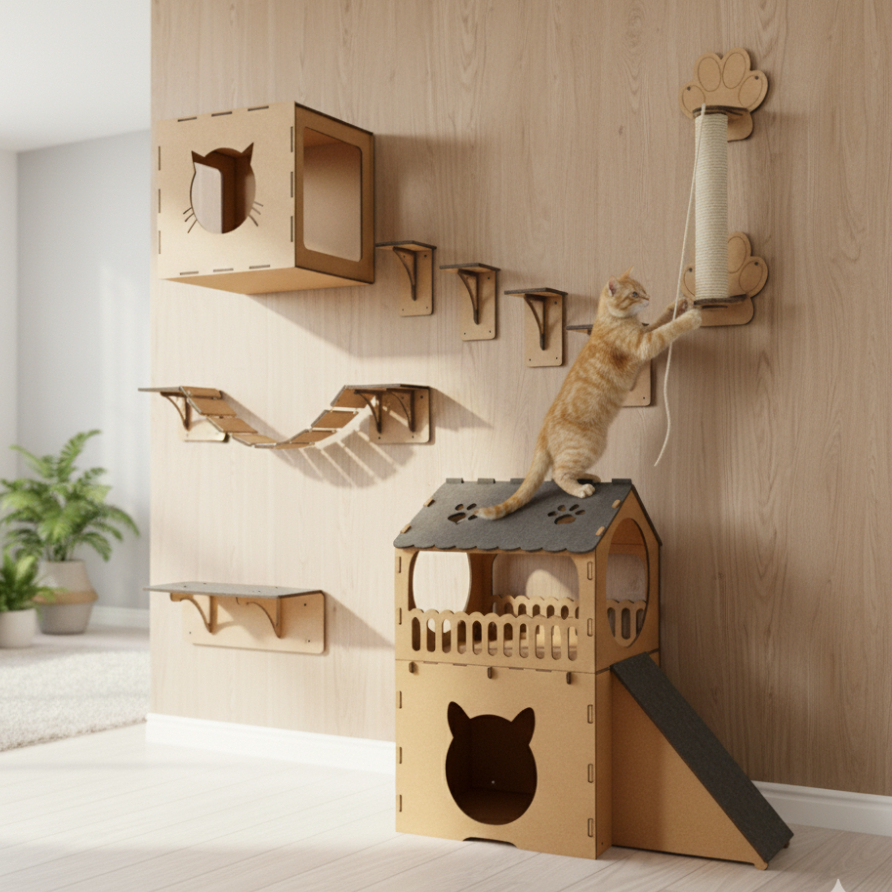 Playground Para Gato Completo 10 Peças MDF Circuito com Casa 2 Andares para Gato