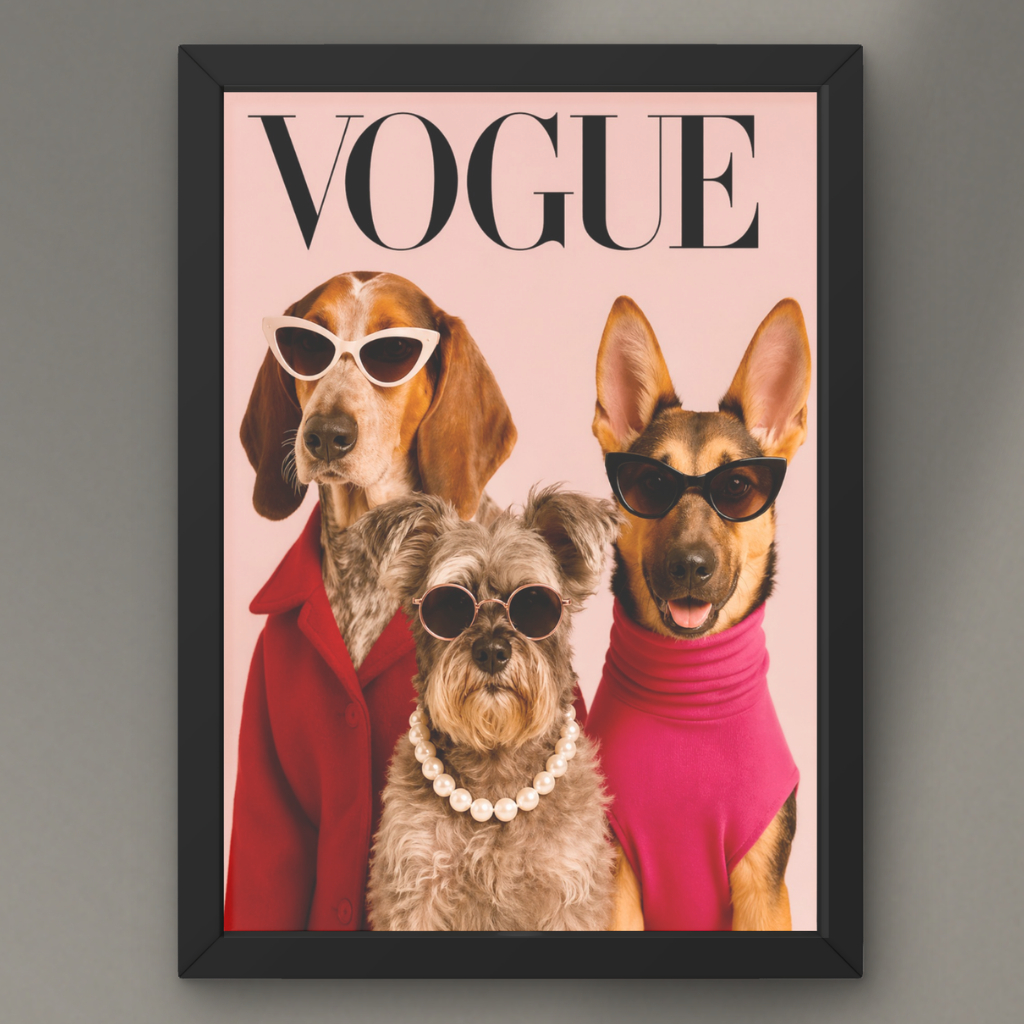 Quadro Placa Decorativo Personalizado Vogue Animal Cachorros Estilo Moda Elegante Capa de Revista