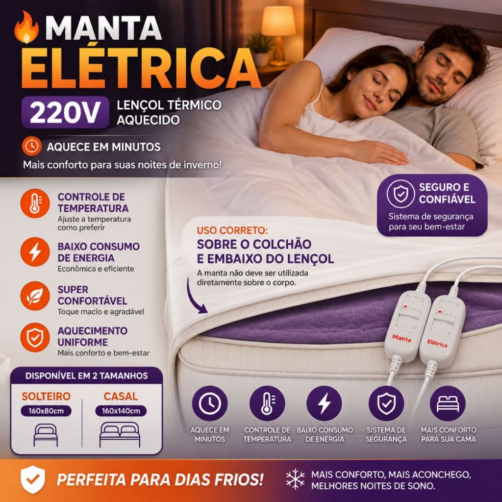 Manta Térmica Elétrica 220V Para Cama Casal e Solteiro Lençol Aquecido Aquece Rápido Controle Temperatura Inverno