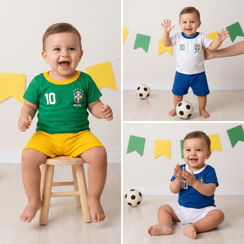 Macacão Infantil Bebê Copa 2026 Jardineira Do Brasil Malha Suedine 100% Algodão Menino Menina