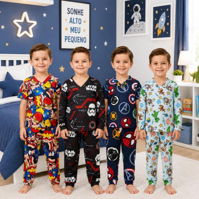PIJAMA CONJUNTO INFANTIL CURTO LONGO FRIO MENINO HERÓIS VERÃO SHORT MACIO SENSORIAL P M G 2 4 6 8 10