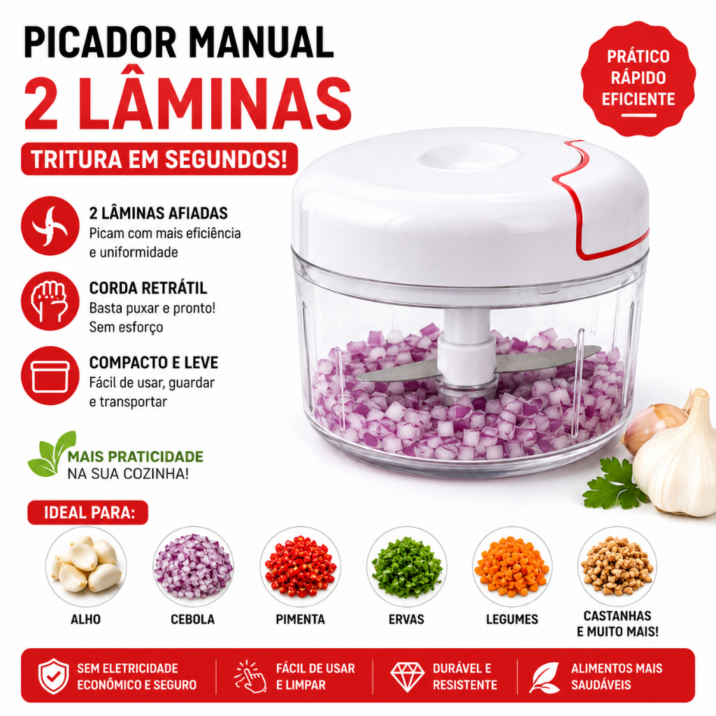 Mini Processador Triturador Manual Alho Cebola Temperos Legumes Cozinha 2 Laminas Corda Retratil