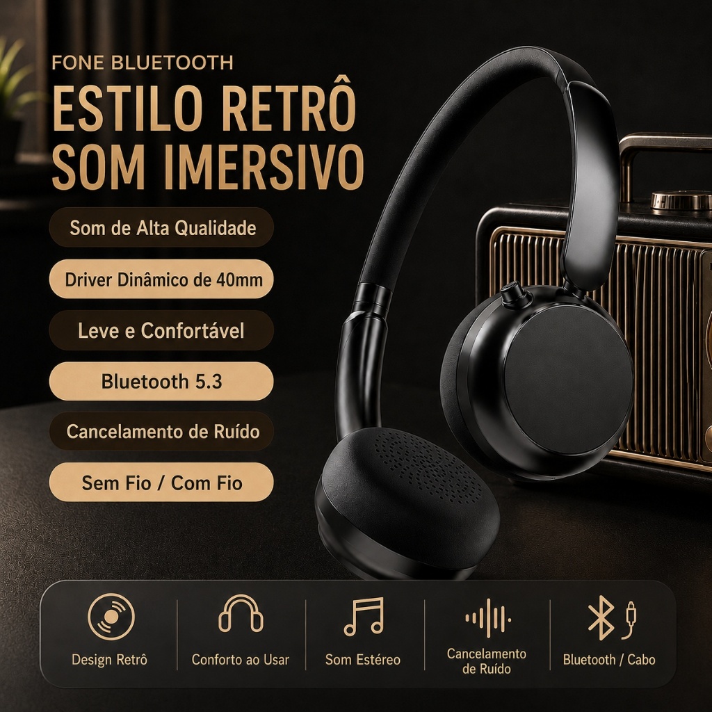 Fones de Ouvido Headset ON-HF202, Fones de Ouvido Sem Fio Bluetooth, Autonomia de 35 Horas com Cancelamento de Ruído