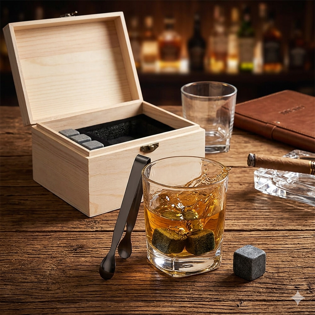 Kit Copo para Whisky + Pegador de Gelo + 3 Cubos de Pedra-sabão e Caixa de Madeira