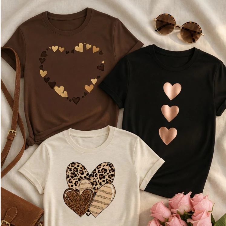 Kit 3 Blusas Femininas Baby Look Estampa Coração Manga Curta Casual Moda Verão Confortável — imagem 1