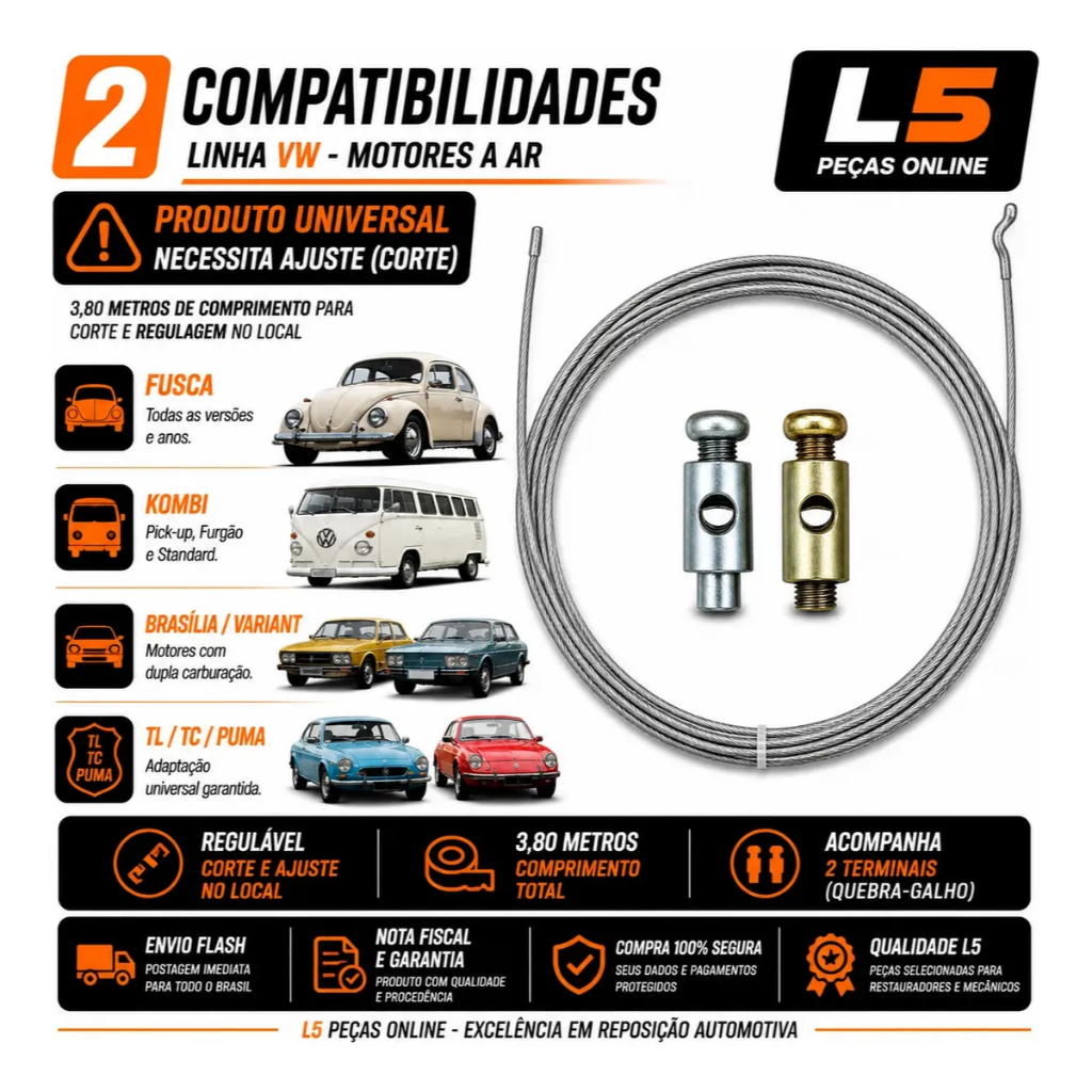 Cabo Acelerador Regulável Fusca Kombi Brasília Variant Tl Puma Gurgel Buggy Motor Peça Carburação