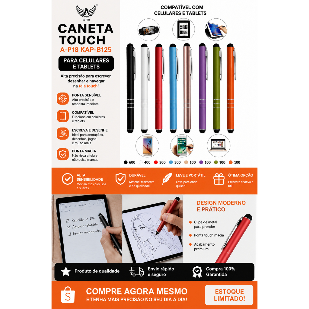 Caneta Touch Stylus Universal Para Celular Tablet iPad Android Desenho A-P18 KAP-B125