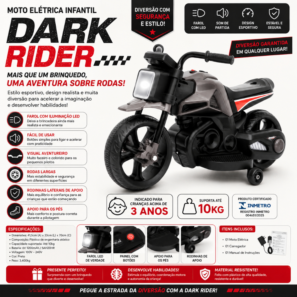 Moto Elétrica Infantil/ Mini moto Preta 6V com Farol LED Motinha Infantil Esportiva