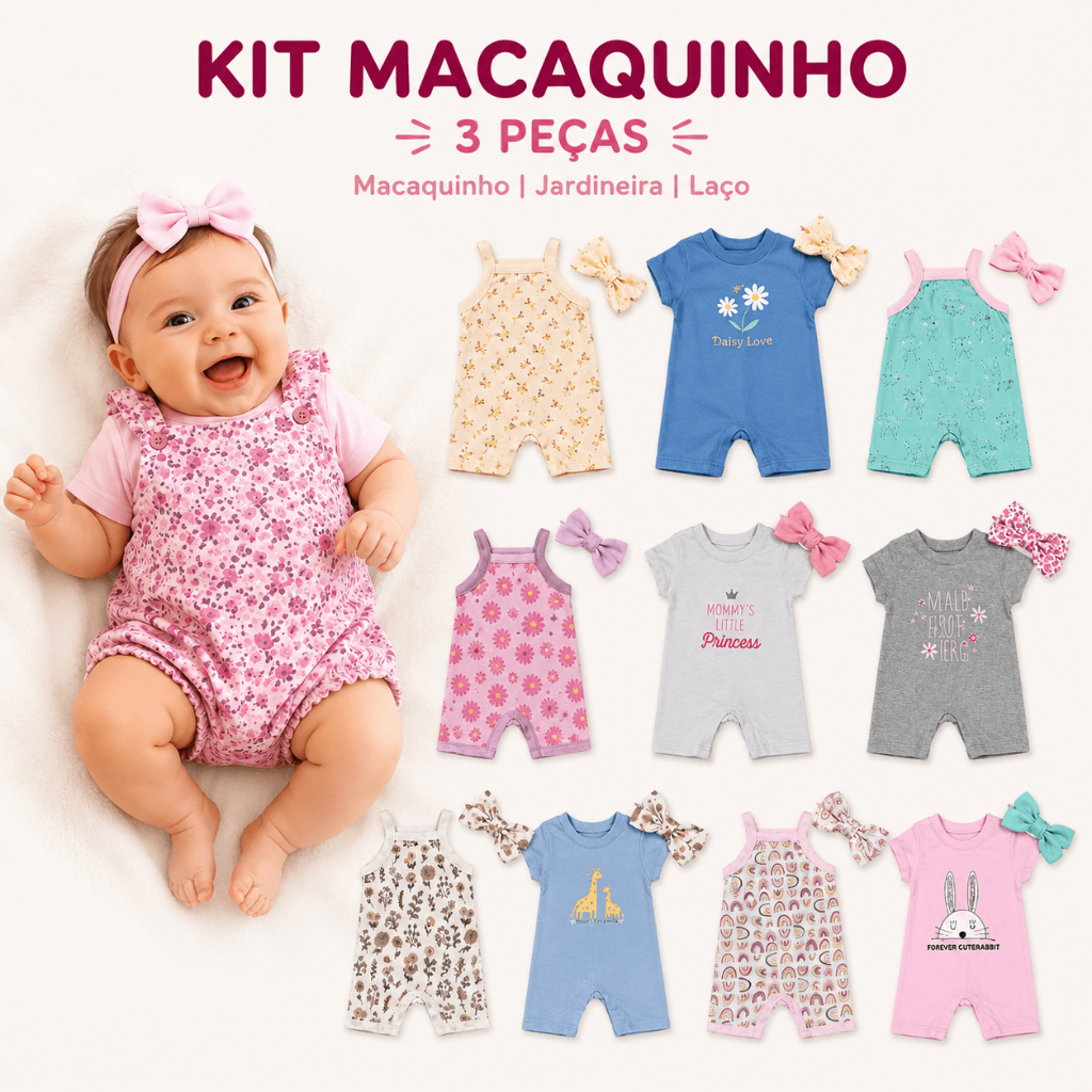 Kit Macacão Curto Macaquinho Jardineira Laço 3 Peças Infantil Menina 100% Algodão