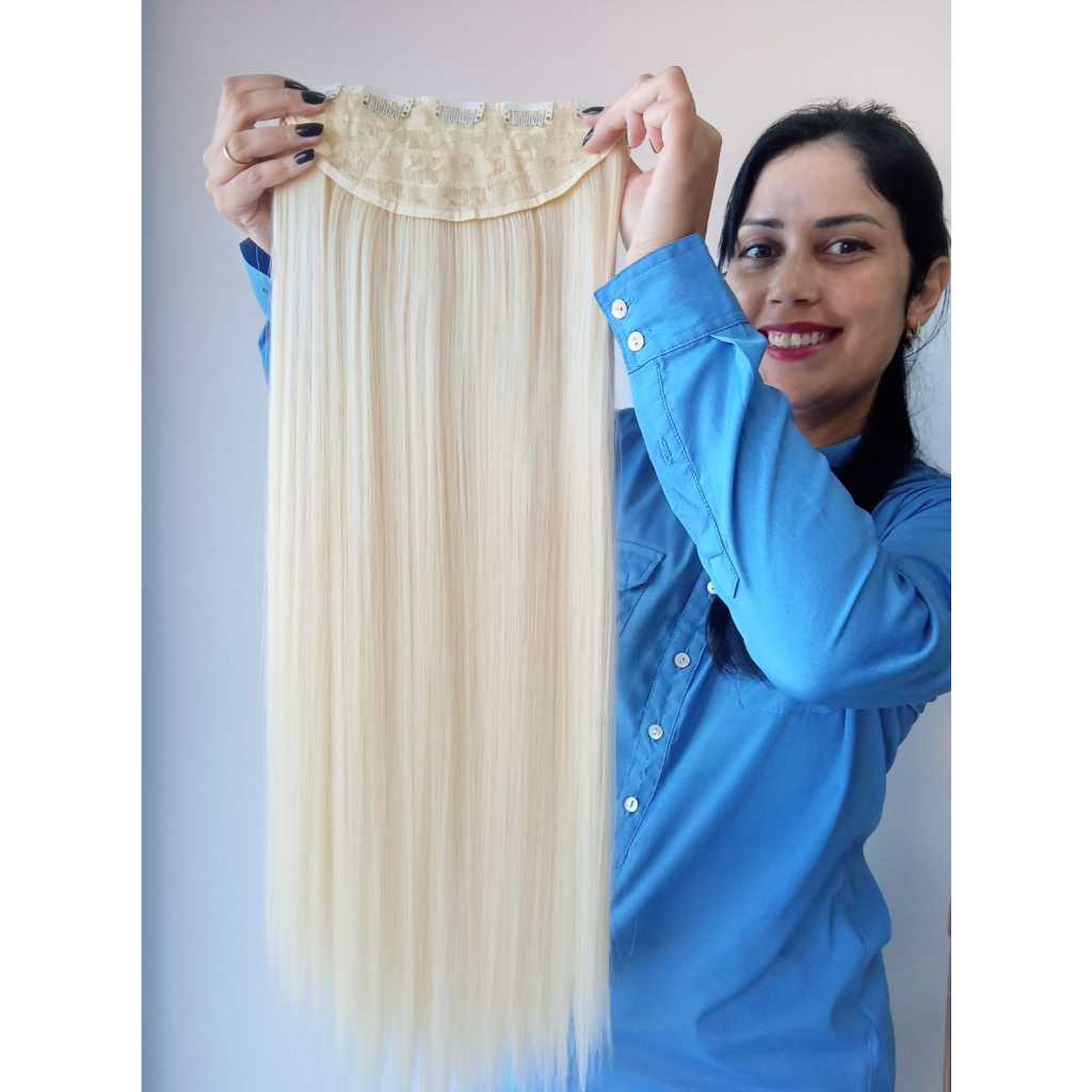 Aplique Tic Tac Liso Loiro Claríssimo 70cm 150g Cabelo Premium Bio humano