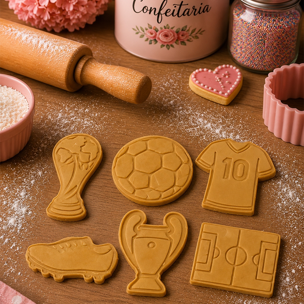 Kit Cortador + Marcador de Biscoito Futebol Copa dos Campeões – Bola, Taça, Camisa, Campo e Chuteira