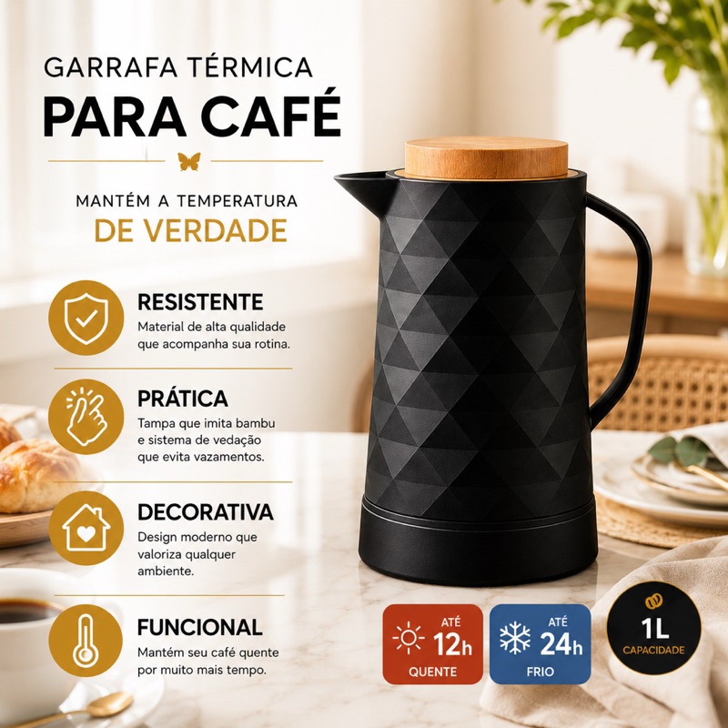 Garrafa Térmica Café Verona Cinza 1L Preta 1L Garrafa de Café Tampa Plástica Bambu Diamond