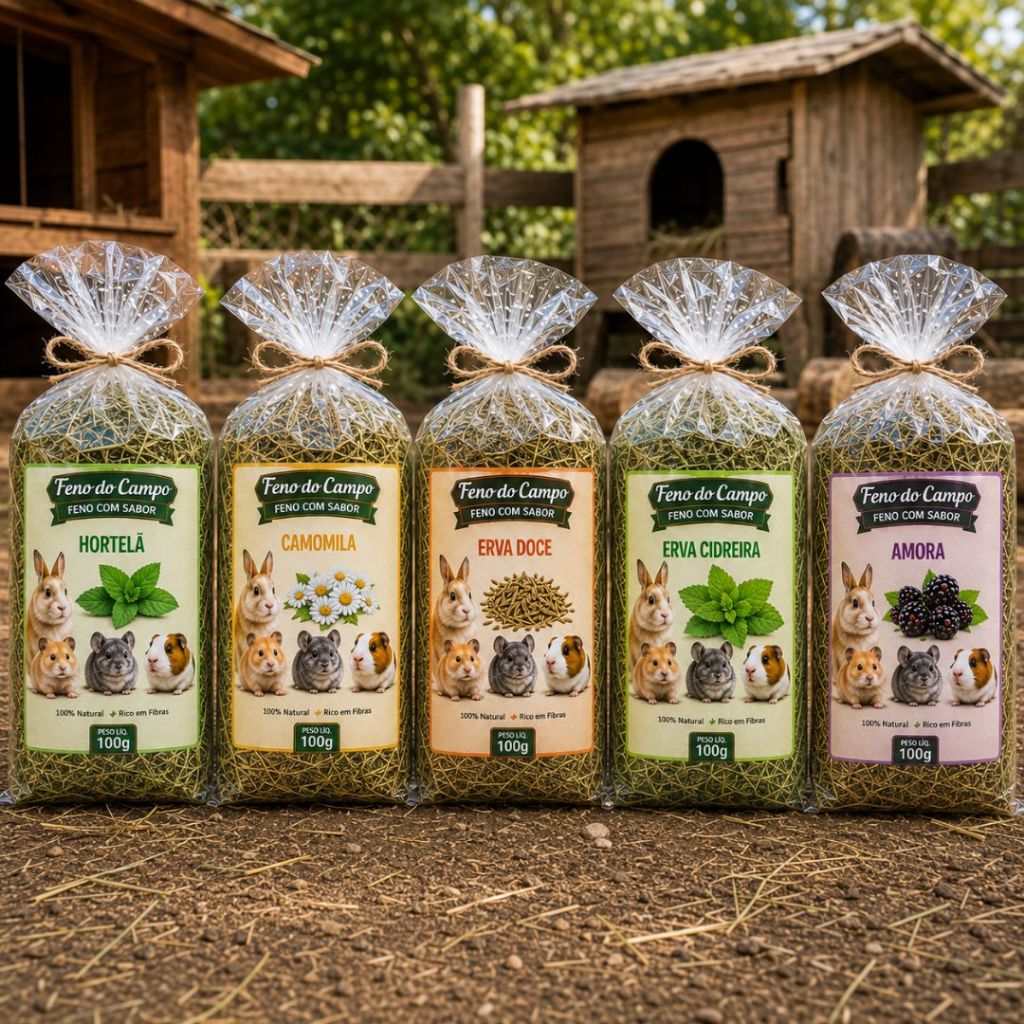 Detalhes do Kit Feno Saborizado Premium 500g 5 Sabores Naturais P/ Coelho Hamster Porquinho da Índia Chinchila