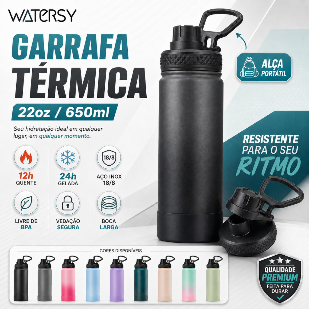 Watersy Garrafa Térmica 650ml Inox 304 24h Quente/Frio com Tampa e Alça para Esportes