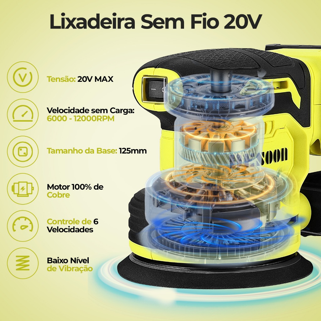 Lixadeira Roto Orbital 20v Sem Fio 125mm Com Bateria Coletor Tubo De Po + 15 Lixas Kit Completo Desoon · foto 2