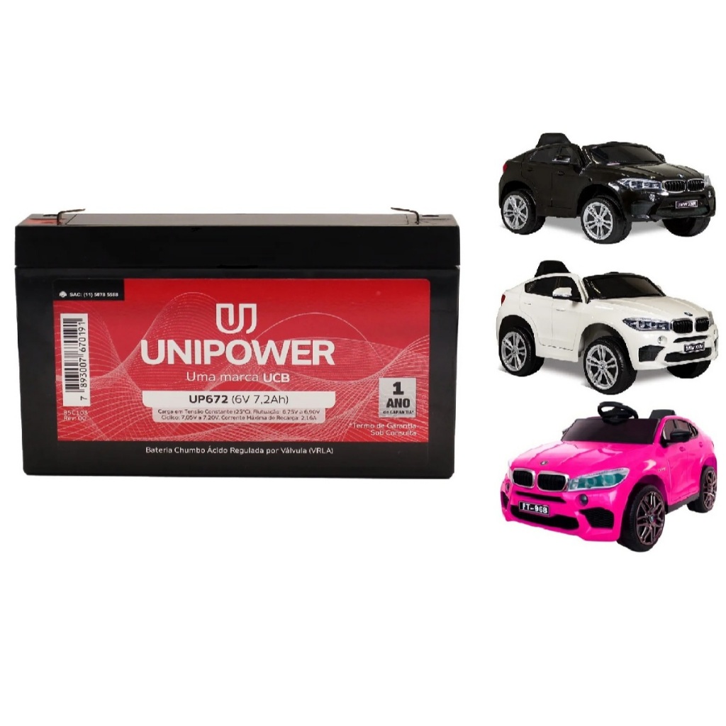 Bateria 6v 7,2Ah P/ Carrinho Elétrico Bmw X6 X6M Bandeirantes Infantil Todas as Cores Lazer Criança