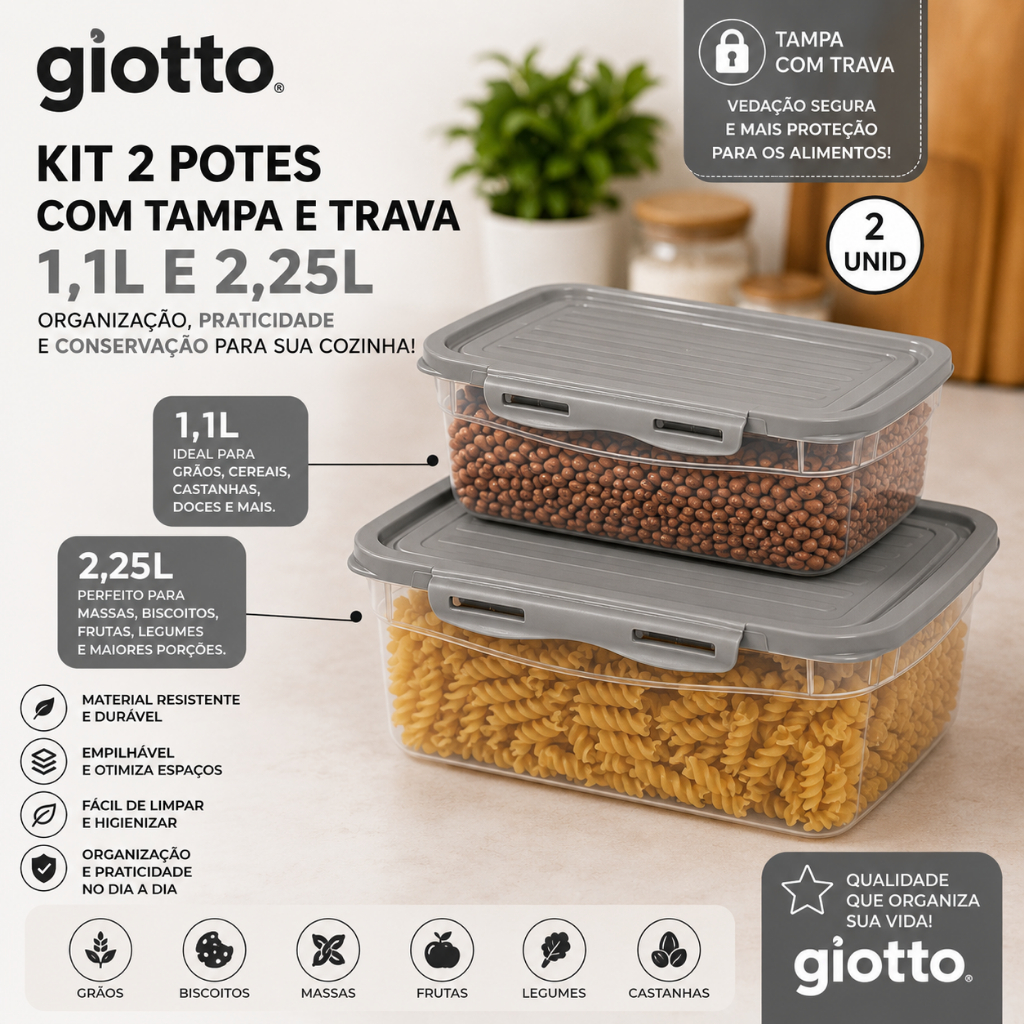 Kit 2 Potes Marmitas Fitness Tampa Trava 1,1L e 2,25L Cinza Freezer Microondas Armazenamento Giotto