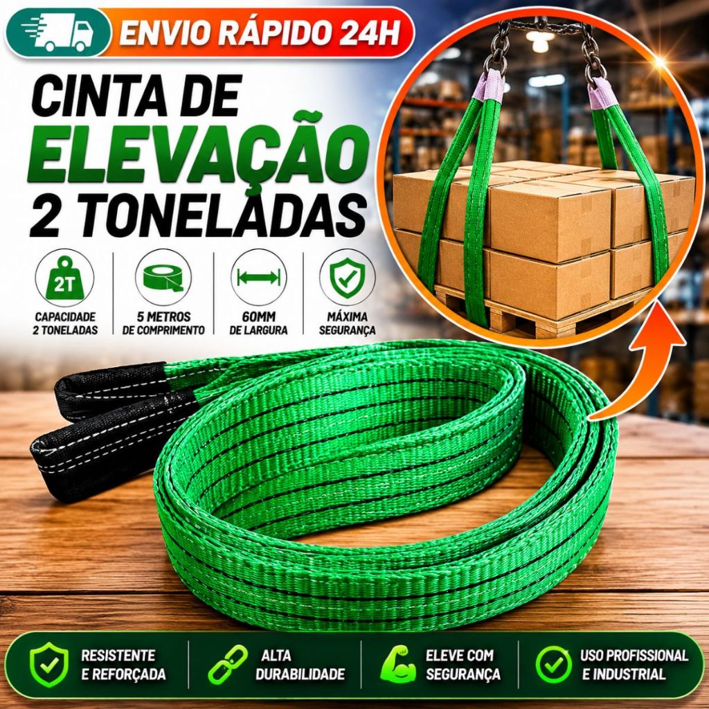 Cinta De Elevação Carga 2 Toneladas 5 Metros 60mm Verde Reforçada