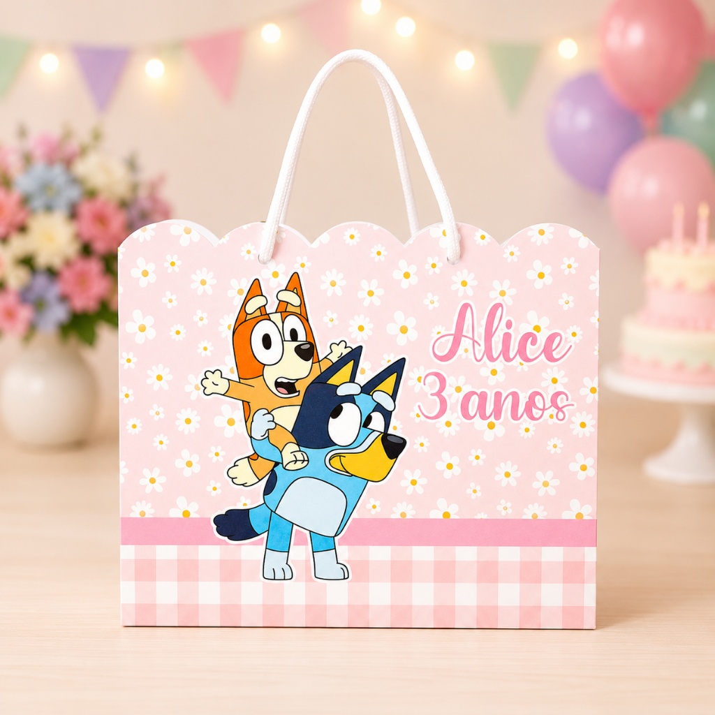 Sacolinha Bluey Rosa PEGUE E MONTE Papelaria Personalizada Nome e Idade Lembrancinha Festa Infantil