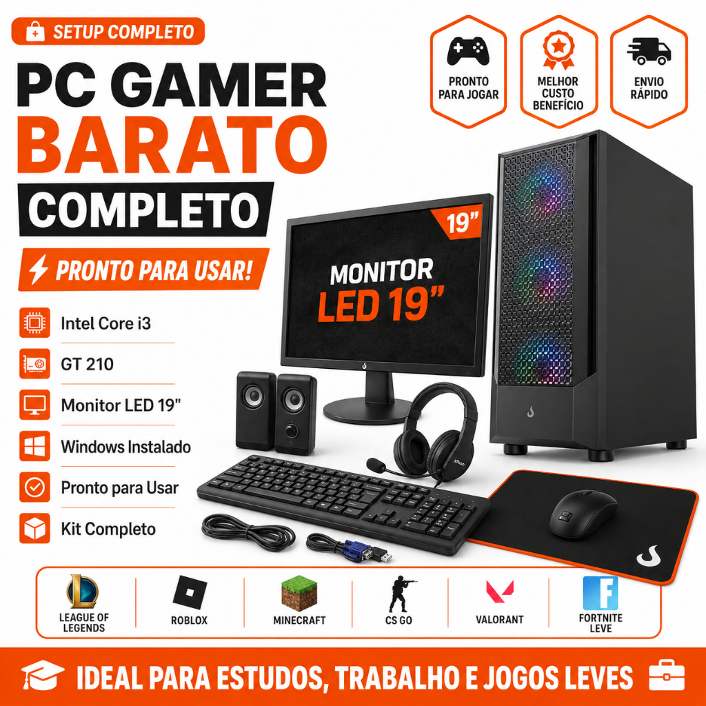 PC Gamer Barato Completo i3 GT 210 Monitor LED 19 Setup Completo Windows