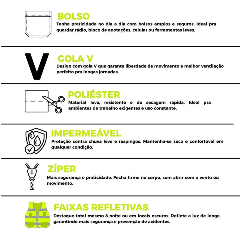 Colete Refletivo de Segurança Verde com 4 Bolsos e Zíper - Sinalização Trânsito Obra Ciclismo — imagem 2 de 2