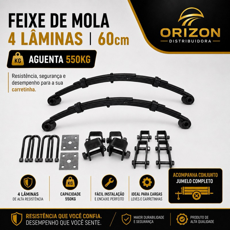 Feixe De Molas 4 Lâminas 60cm Capacidade  550KG + Conjunto  Jumelos Carretinhas , Reboques, Trailers