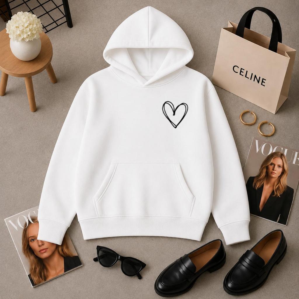 Moletom Canguru Coracao Feminino Flanelado Blusa de Frio Estilo Brooklyn Capuz Bolso Estampado Inverno Coração