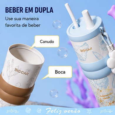 Copo Térmico BIGCAR Série Marinha Aço Inox Mantém Frio e Quente com Canudo Alça Flor Ideal Praia Trabalho Viagem
