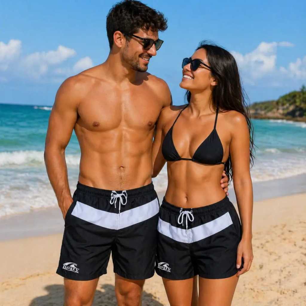 Kit Casal Pijama Praia Piscina Namorados Modelo Cropped hosty Samba Canção