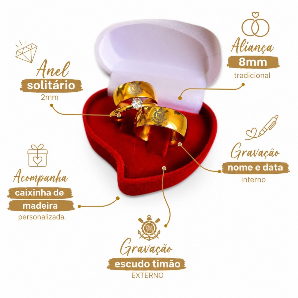 Aliança 8mm casamento banhado a ouro 18k Corinthians + gravação + anel solitário