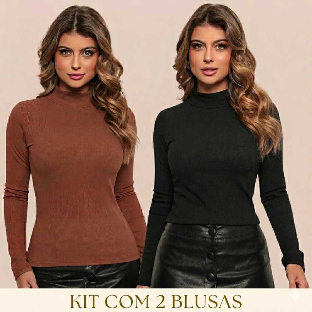 Kit 2 Cacharrel Canelada Blusa de Frio Feminina Sueter Gola Alta Manga Longa inverno