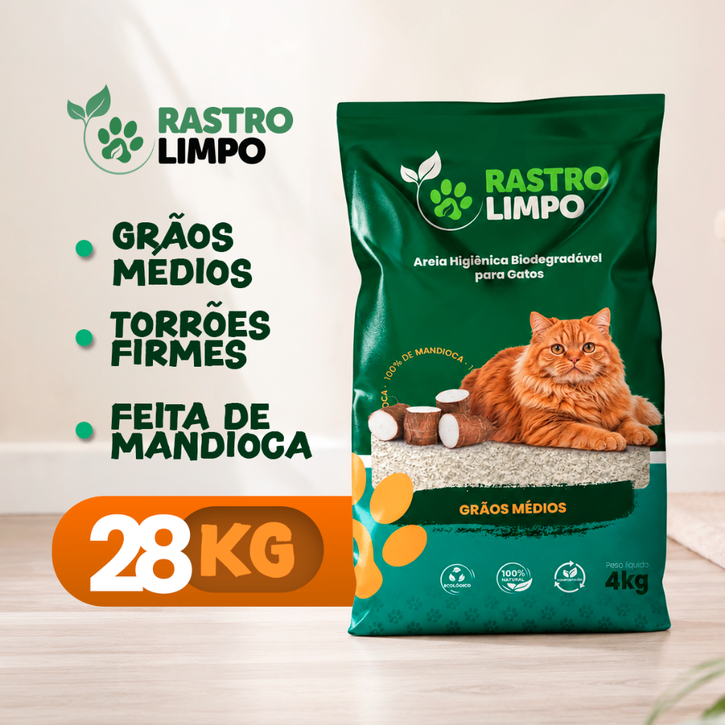 Areia 28kg Biodegradável Gato Grãos MÉDIOS Rastro Limpo Mandioca Torrão Firme Sem Poeira Higiênica
