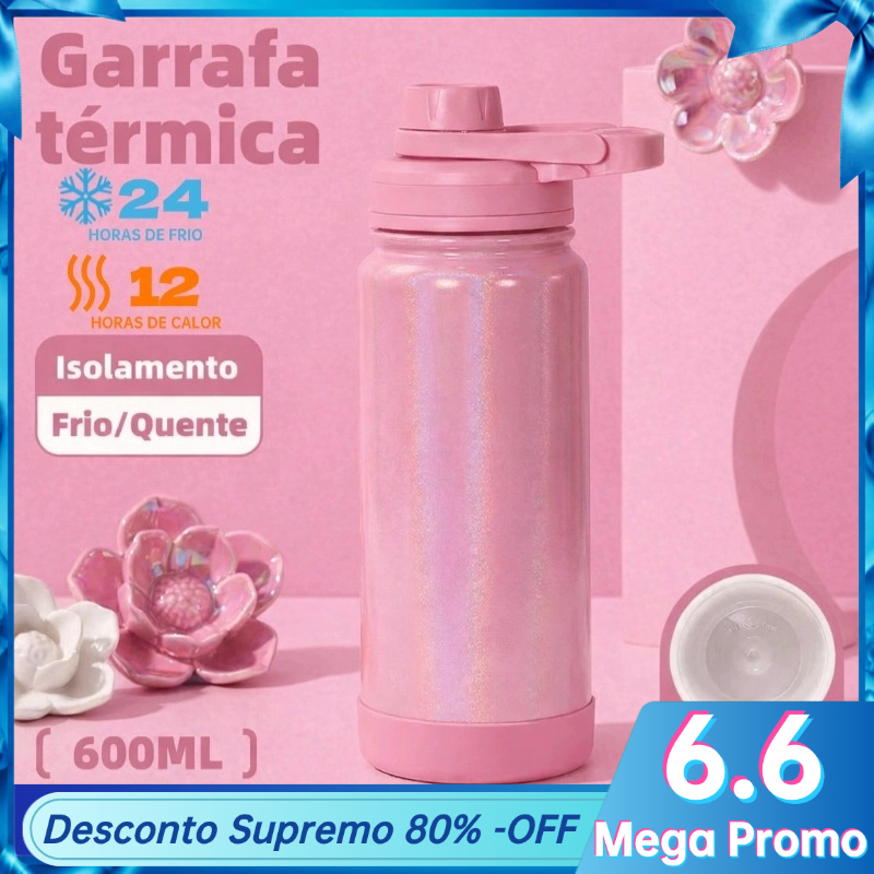 Garrafa térmica 600ML 304 Inox Com Alça Colorida Pintura Arco-íris Piscante Quente e Frio Copo Térmico-XR-67