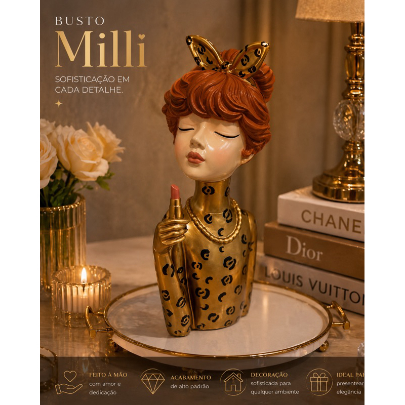 Estatueta Milli Make Ruiva de Oncinha: Busto Decorativo para uma Decoração Sofisticada e Cheia de Estilo.