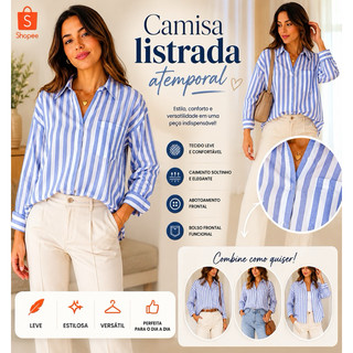 Camisa Feminina Oversize Longa Social Casual Elegante Soltinha Tendência 2026