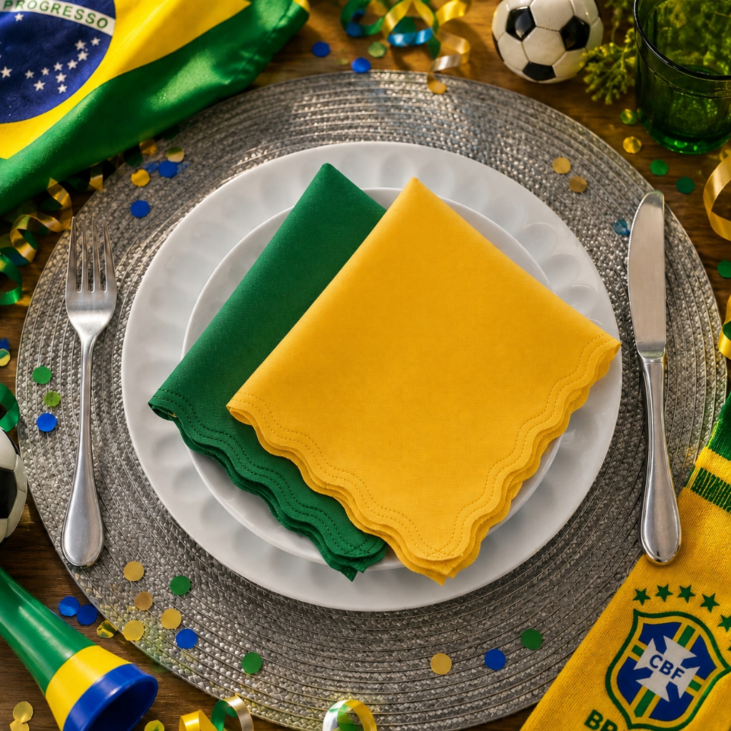 Guardanapo de Tecido Oxford Copa do Mundo Brasil Kit 33cm ACABAMENTO A LASER Seleção Brasileira Mesa