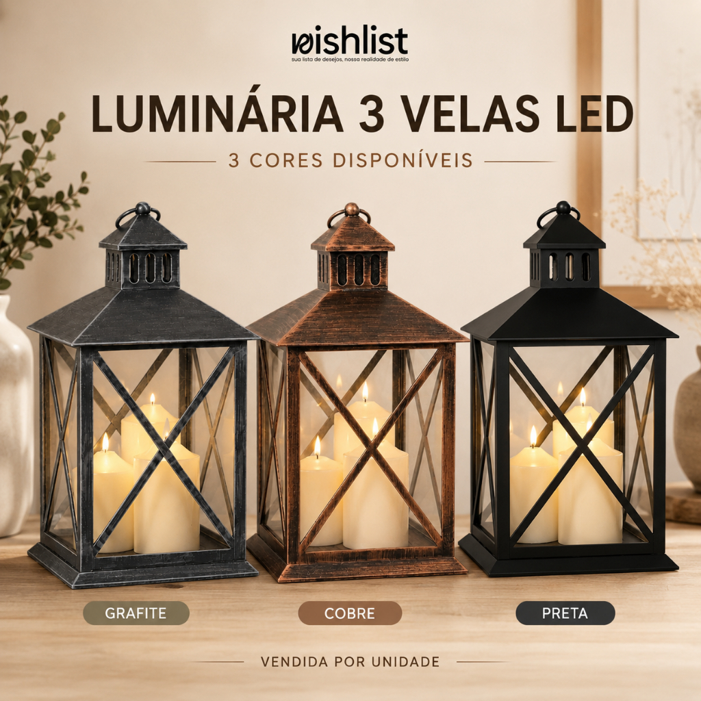 Lanterna Luminária Decorativa Com 3 Velas LED Em PVC E Vidro Grafite Cobre Preta