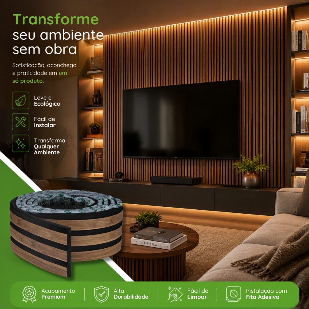 Painel Ripado Madeira Autoadesivo de EVA Meu Rodapé 10 Metros | Envio FULL