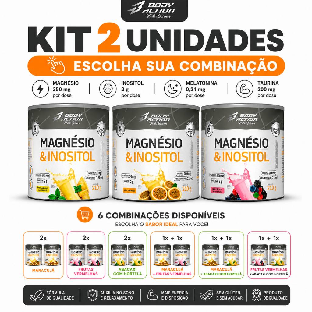 Kit Combo Com 2x Magnesio e Inositol Original Bodyaction Com Taurina Melatonina Melhora Sono, Ansiedade e Saúde 210g