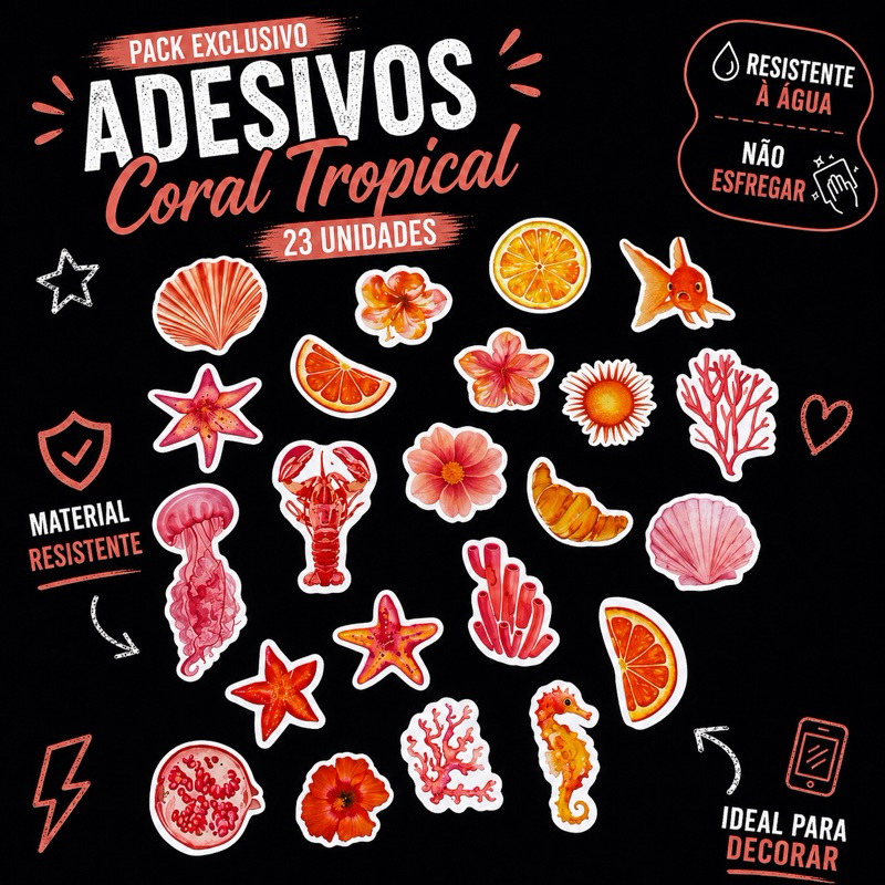 Conjunto 23 Stickers Coral Tropical Adesivos Brilhantes Resistentes à Água para Cadernos,Capinha