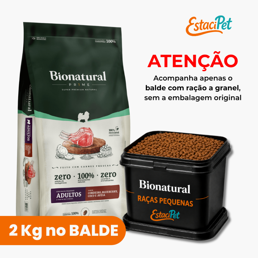Racao Bionatural Prime Super Premium Caes Adultos Racas Pequenas Cordeiro Sem Frango 2kg Balde