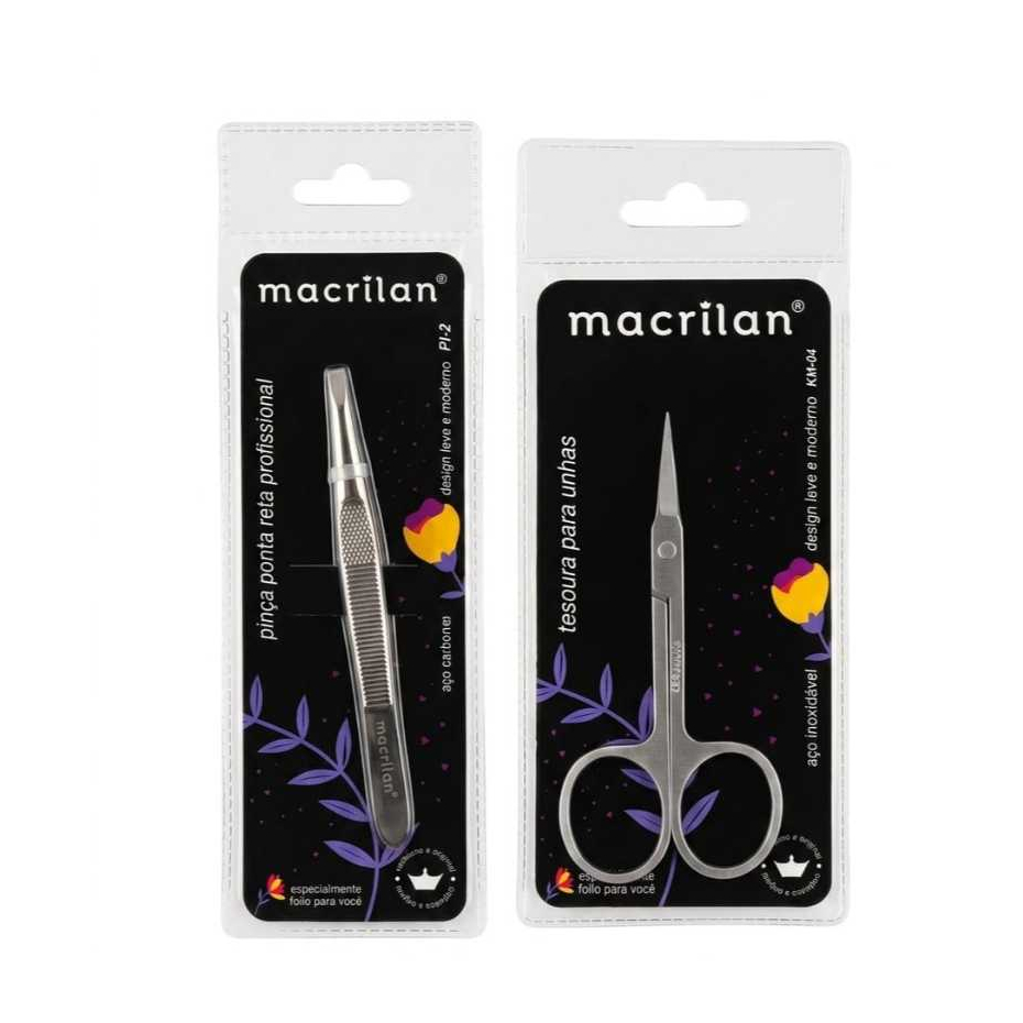 Kit 1Tesourinha Profissional Extra Fina +1 Pinça Ponta Reta MACRILAN Profissional Sobrancelhas Cílios Unhas