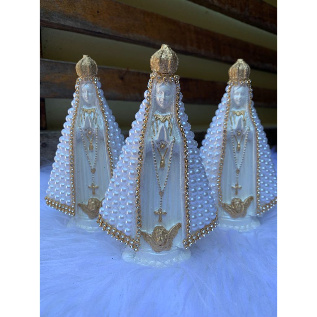 kit 3 Imagens Nossa Senhora Aparecida Branco Perolado com strass dourado 15cm