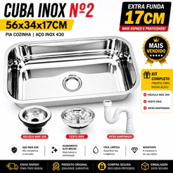Cuba Aço Inox 56x34x17cm Cozinha Americana Embutir ou Sobrepor Com Válvula e Sifão