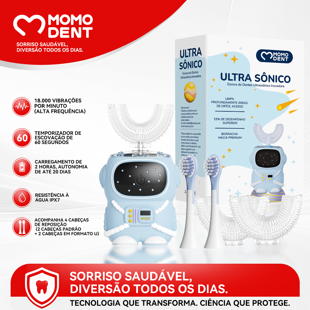 MOMODENT Escova Elétrica Criança – Cabeça Rotativa 360°, Carregamento USB,IPX7, 2-7 ANOS