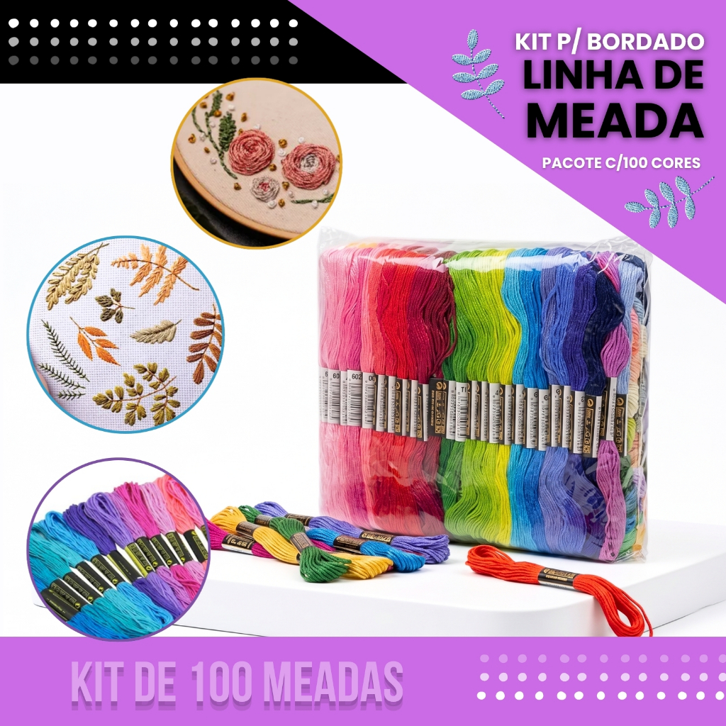 Imagem Kit 100 Meadas de Linhas de Bordado Ponto Cruz Artesanato Fio Poliéster algodão