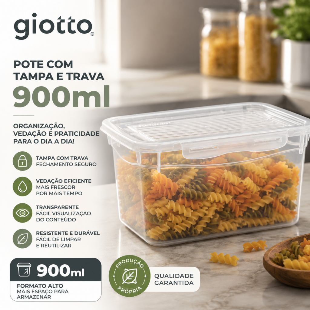 Pote com Tampa e Trava 900ml Transparente Unidade Hermético Mantimentos Organizador Giotto