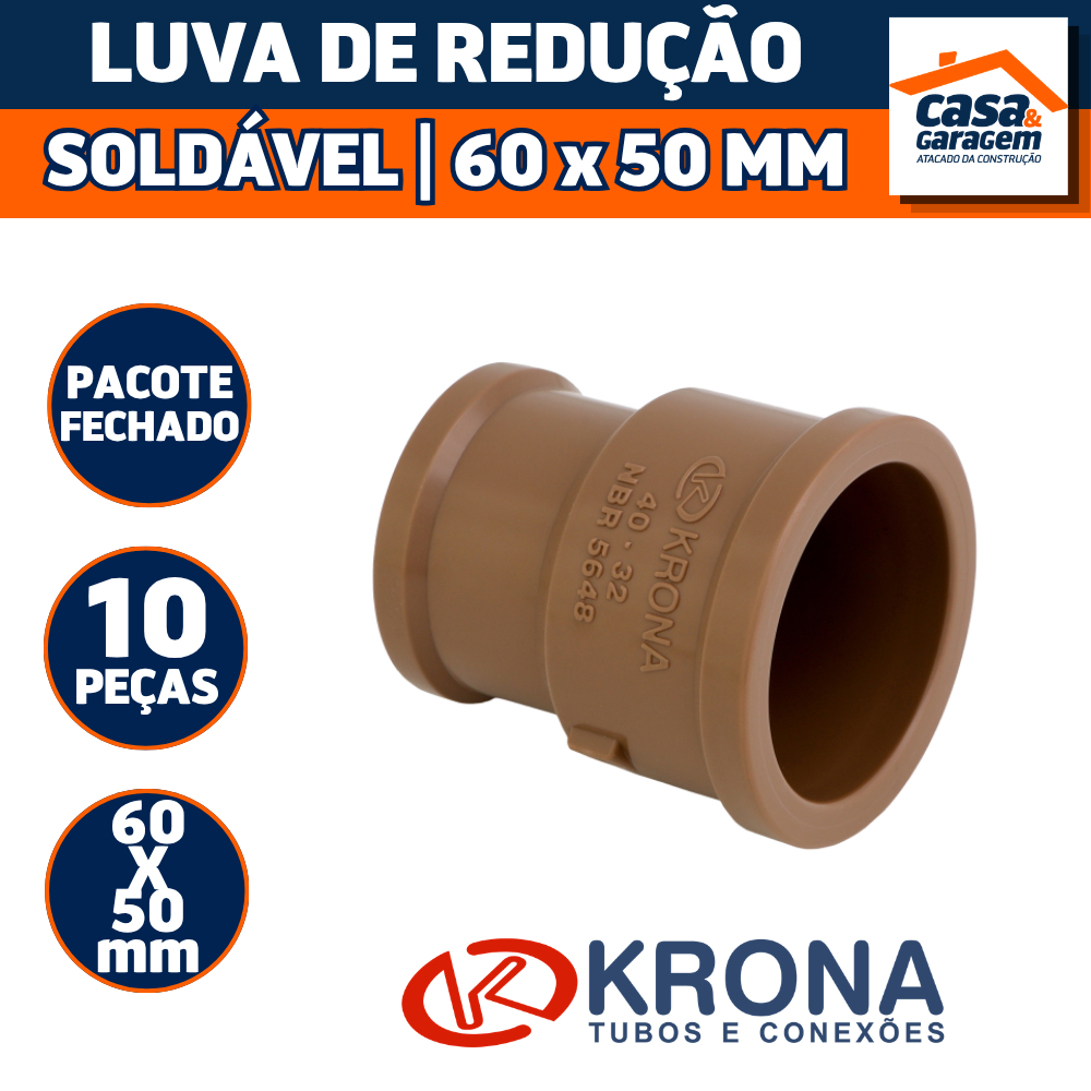 Kit Com 10 Luva Reducao Soldavel 60X50mm Agua Fria 587 Krona
