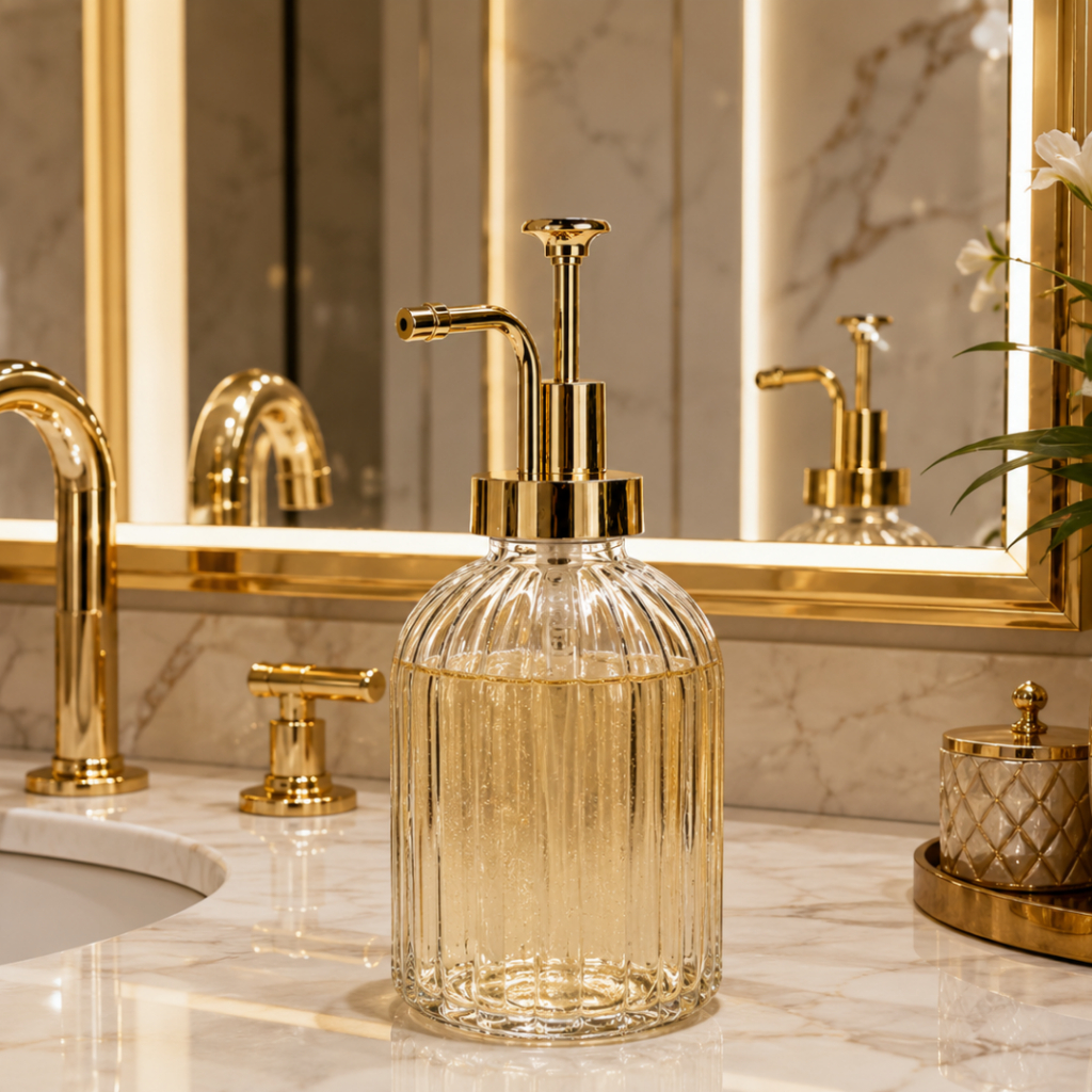 Porta Sabonete Líquido 300ml Vidro Detalhe Dourado Acessório De Banheiro Lavabo